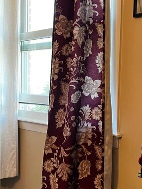 Burgundy Wine Plum Beige Floral Metal Grommet 39” X 84”  Lined Curtain One Panel